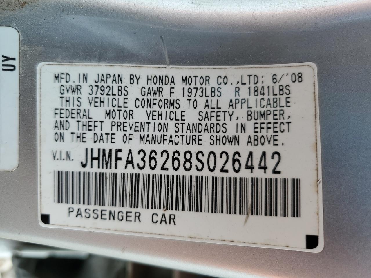 JHMFA36268S026442 2008 Honda Civic Hybrid