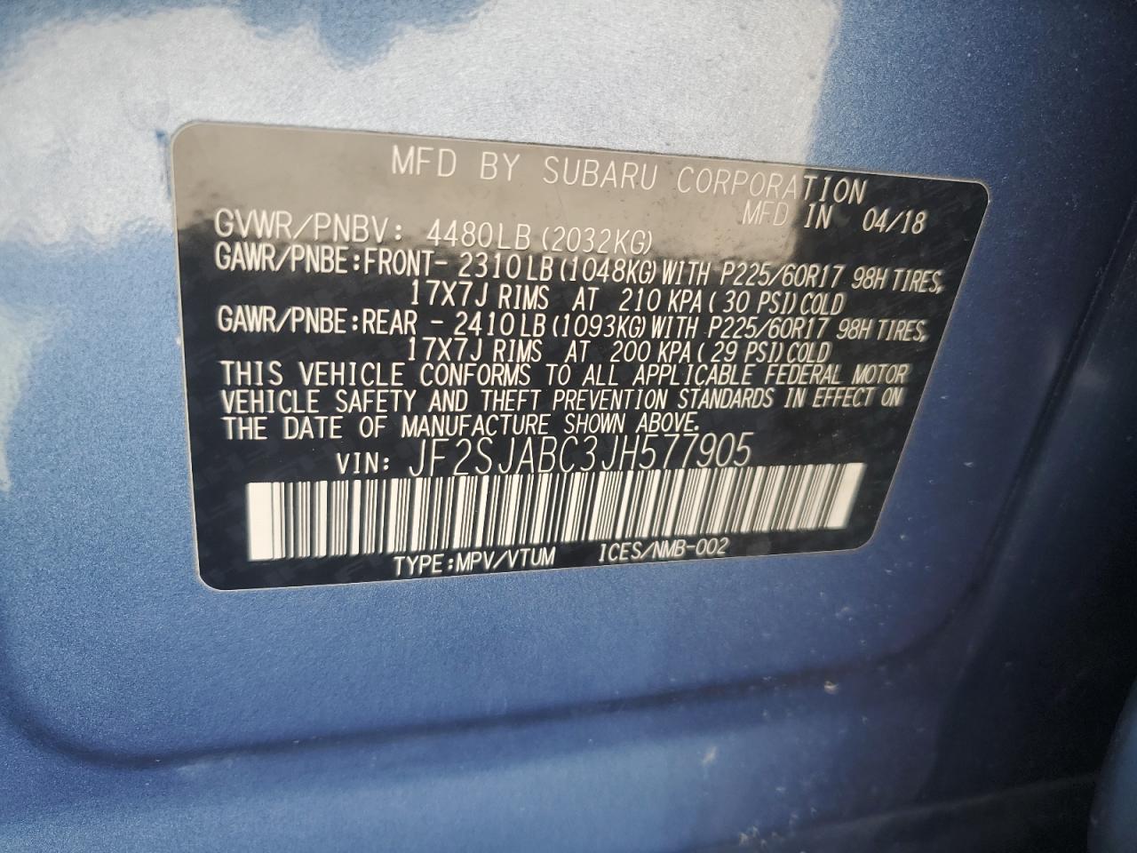 JF2SJABC3JH577905 2018 Subaru Forester 2.5I