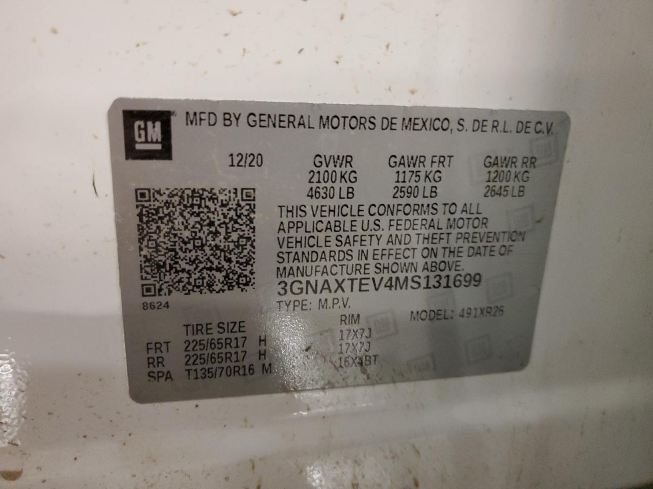 3GNAXTEV4MS131699 2021 Chevrolet Equinox Lt