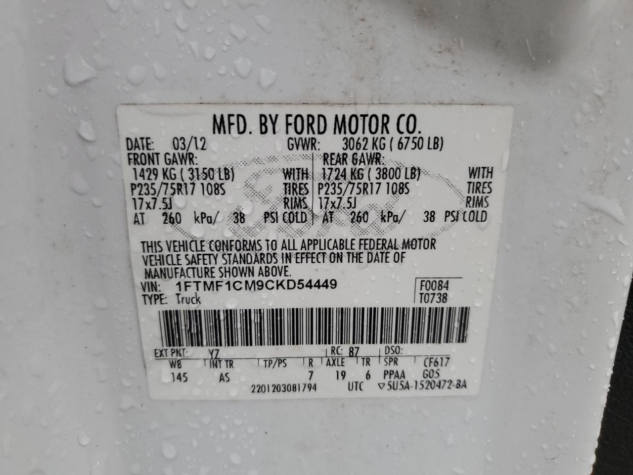 2012 Ford F150 VIN: 1FTMF1CM9CKD54449 Lot: 72437284