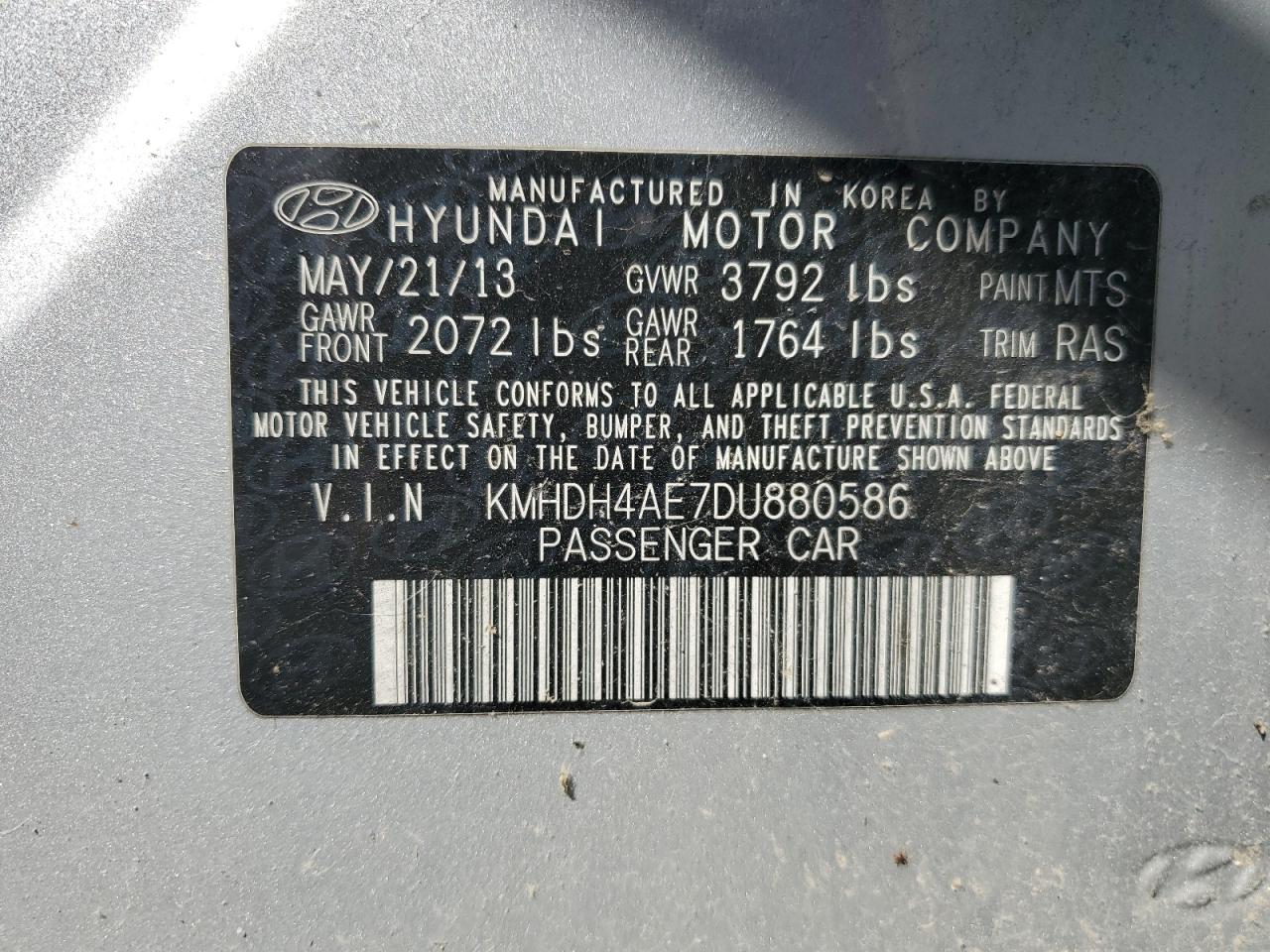 KMHDH4AE7DU880586 2013 Hyundai Elantra Gls