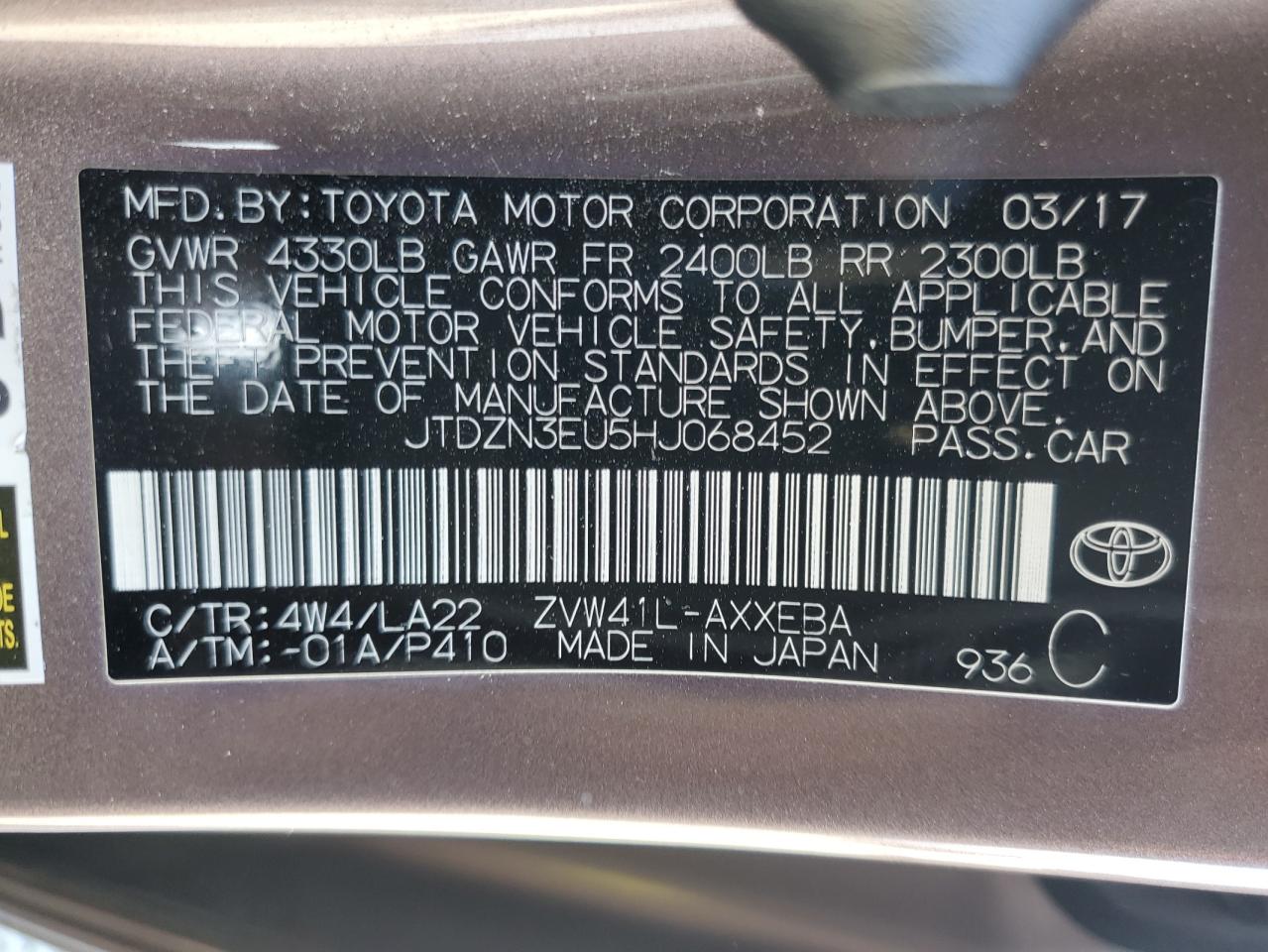 2017 Toyota Prius V VIN: JTDZN3EU5HJ068452 Lot: 72173384