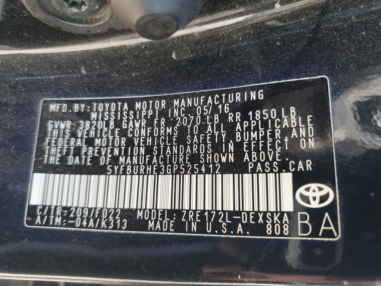 5YFBURHE3GP525412 2016 Toyota Corolla L