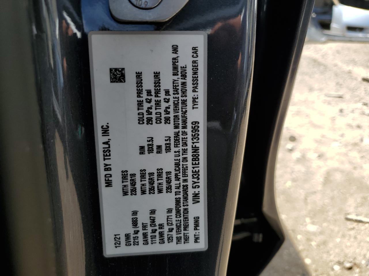 5YJ3E1EB8NF135959 2022 Tesla Model 3