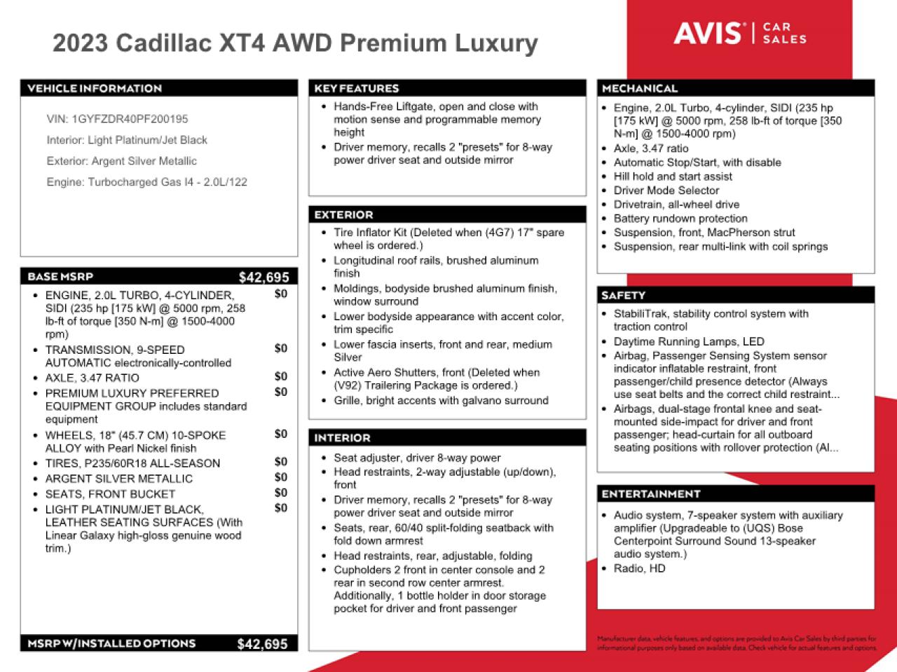 1GYFZDR40PF200195 2023 Cadillac Xt4 Premium Luxury