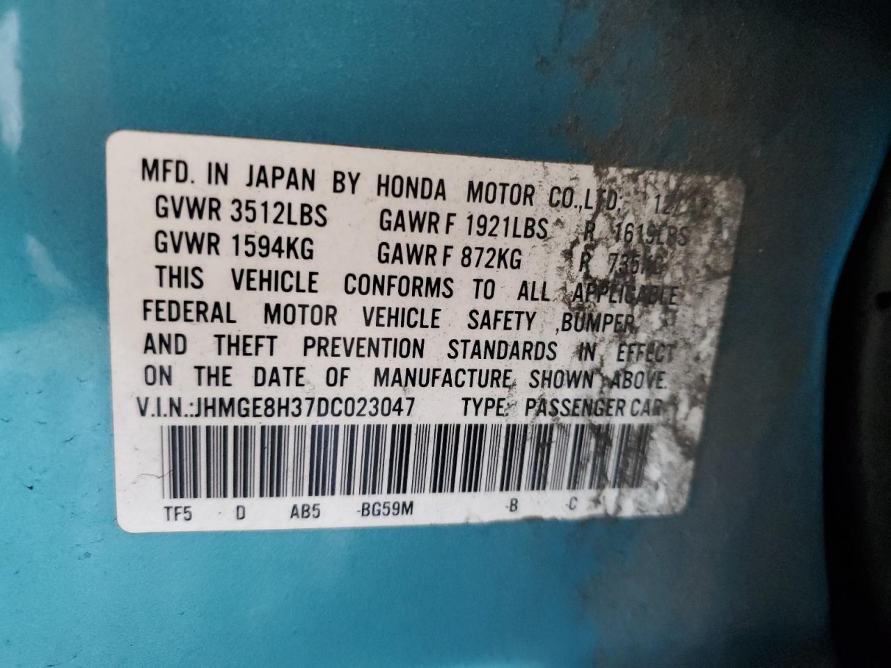 JHMGE8H37DC023047 2013 Honda Fit