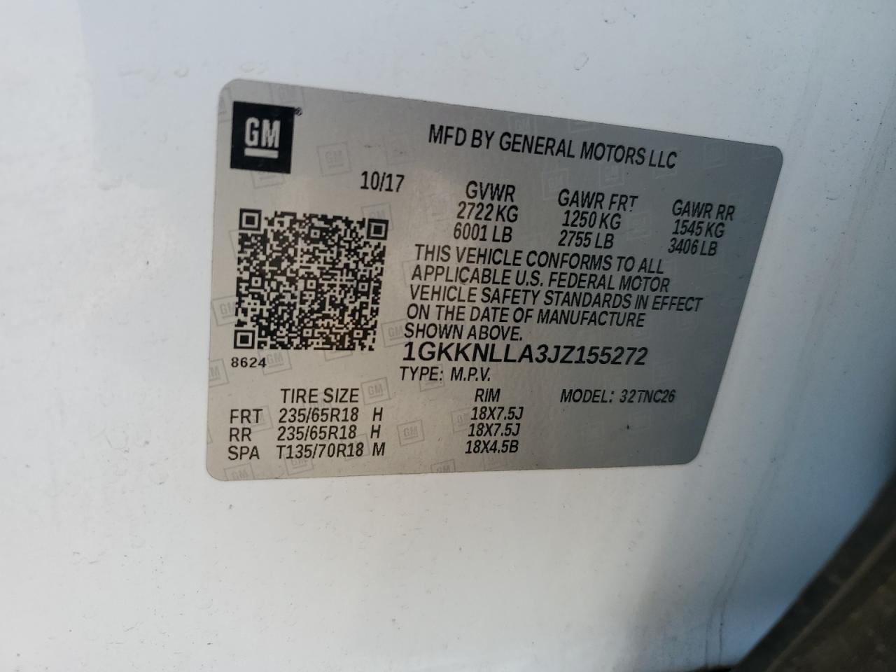 1GKKNLLA3JZ155272 2018 GMC Acadia Sle