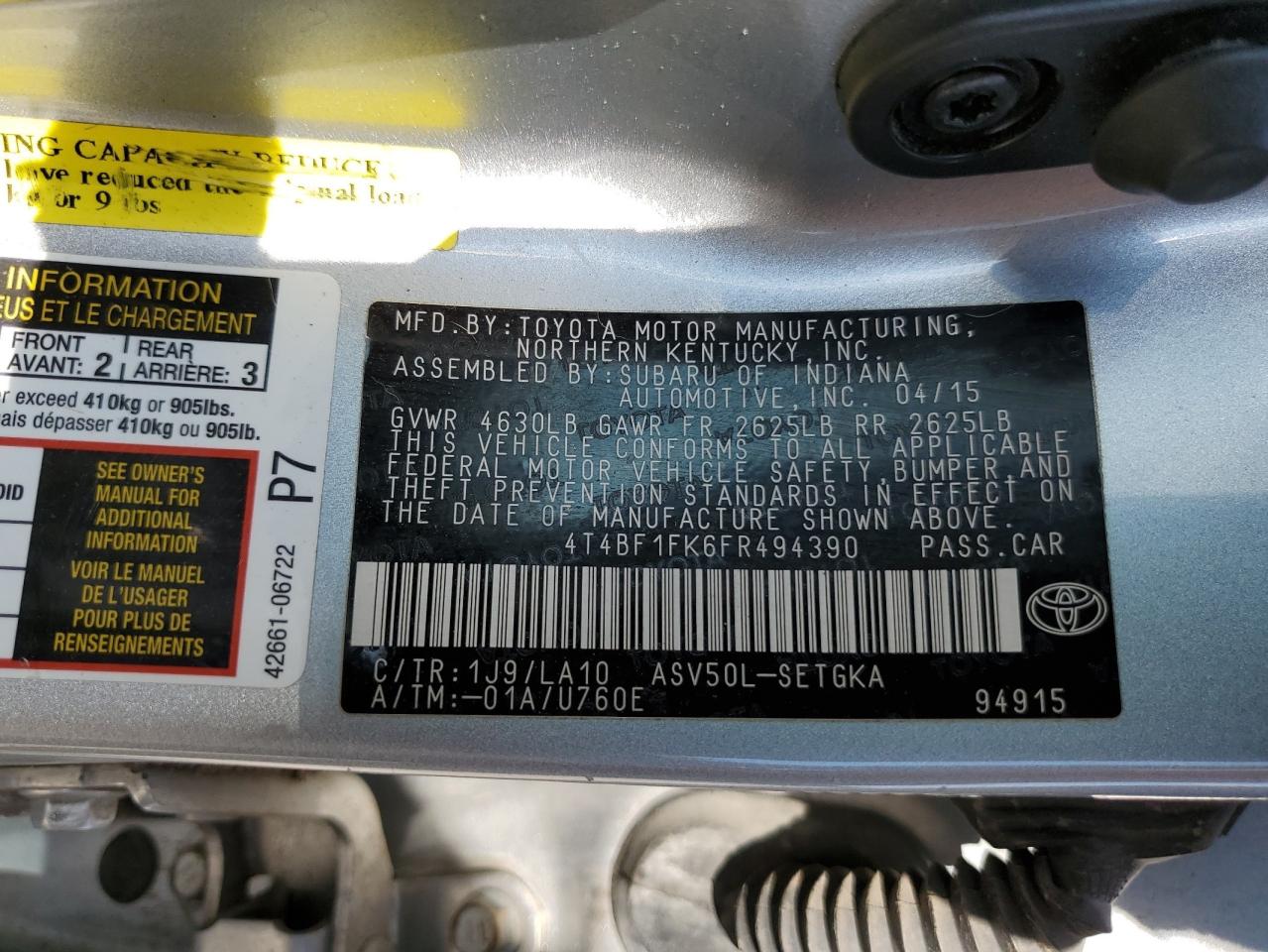 4T4BF1FK6FR494390 2015 Toyota Camry Le