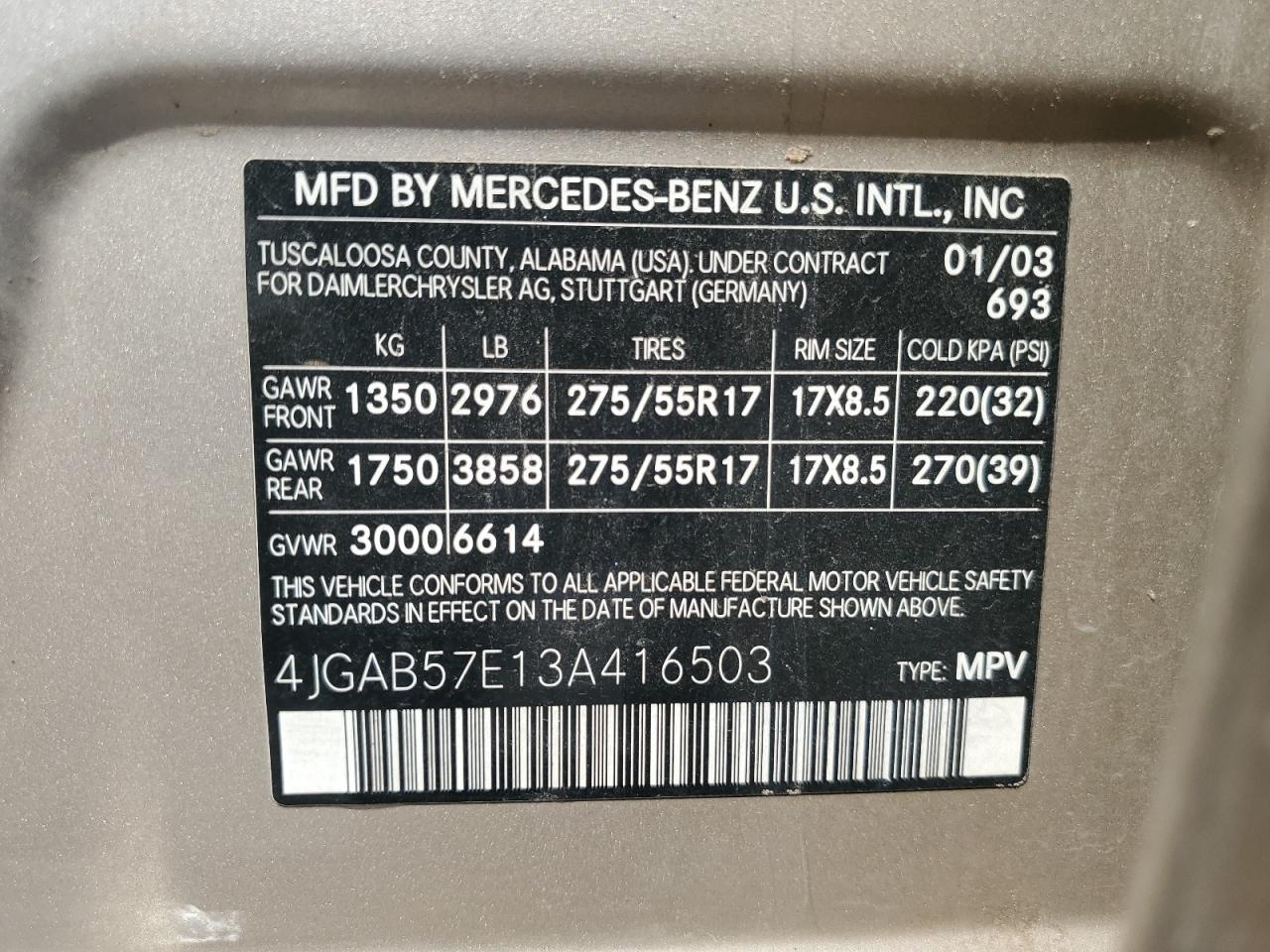 4JGAB57E13A416503 2003 Mercedes-Benz Ml 350