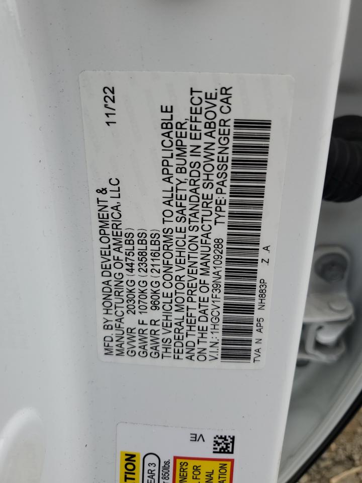 1HGCV1F39NA109288 2022 Honda Accord Sport