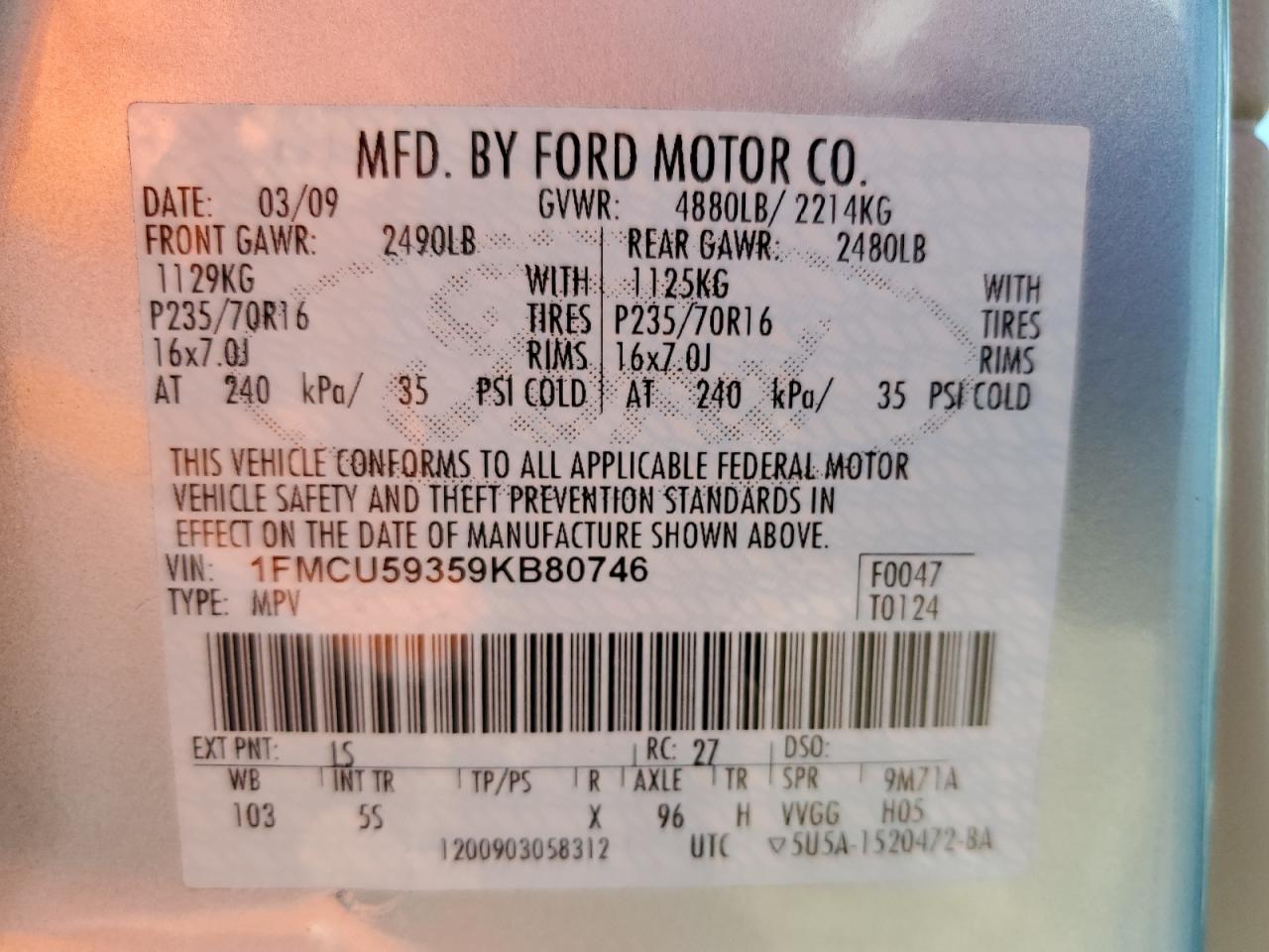 2009 Ford Escape Hybrid VIN: 1FMCU59359KB80746 Lot: 72183634