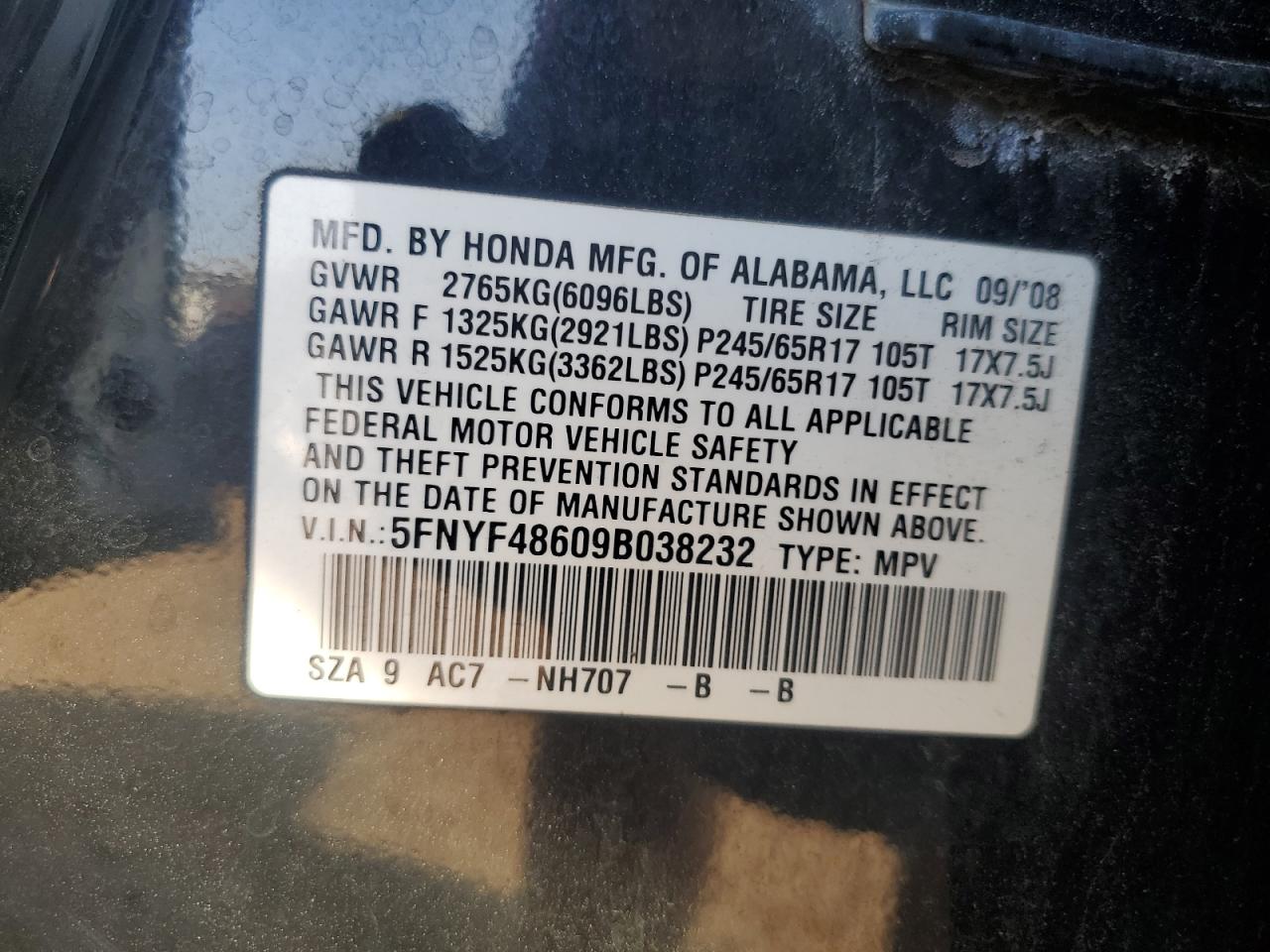 5FNYF48609B038232 2009 Honda Pilot Exl