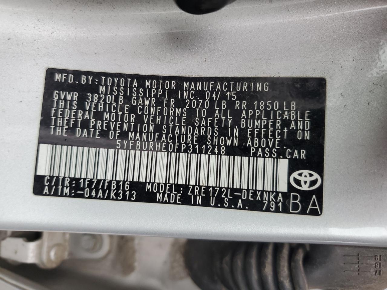 5YFBURHE0FP311248 2015 Toyota Corolla L