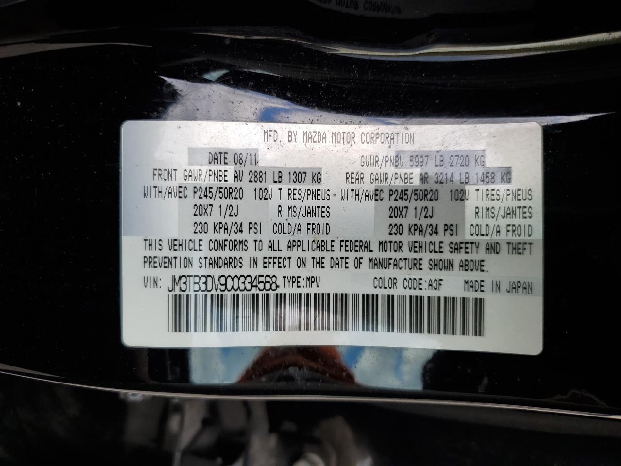 2012 Mazda Cx-9 VIN: JM3TB3DV9C0334568 Lot: 73274544