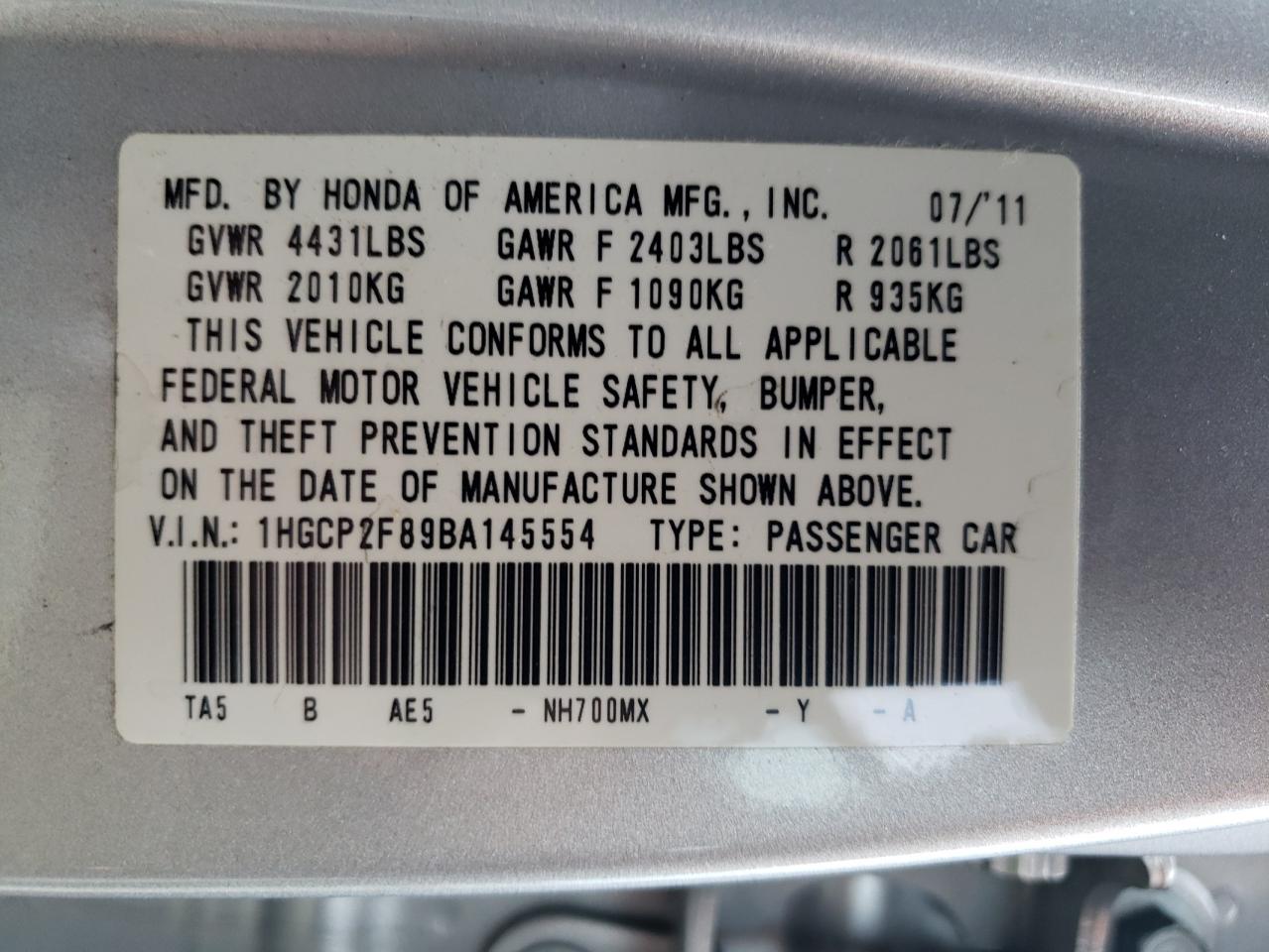 1HGCP2F89BA145554 2011 Honda Accord Exl