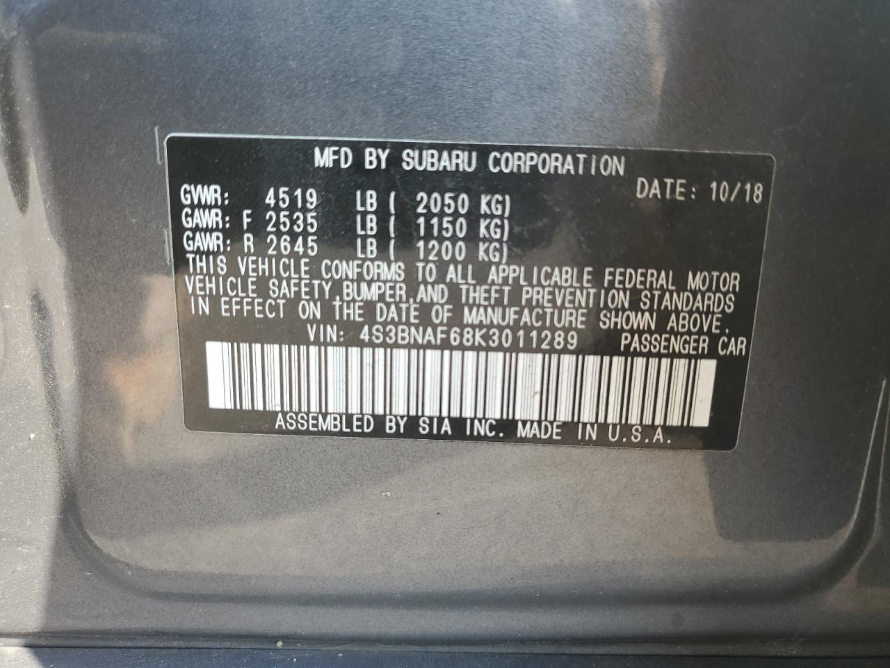 4S3BNAF68K3011289 2019 Subaru Legacy 2.5I Premium