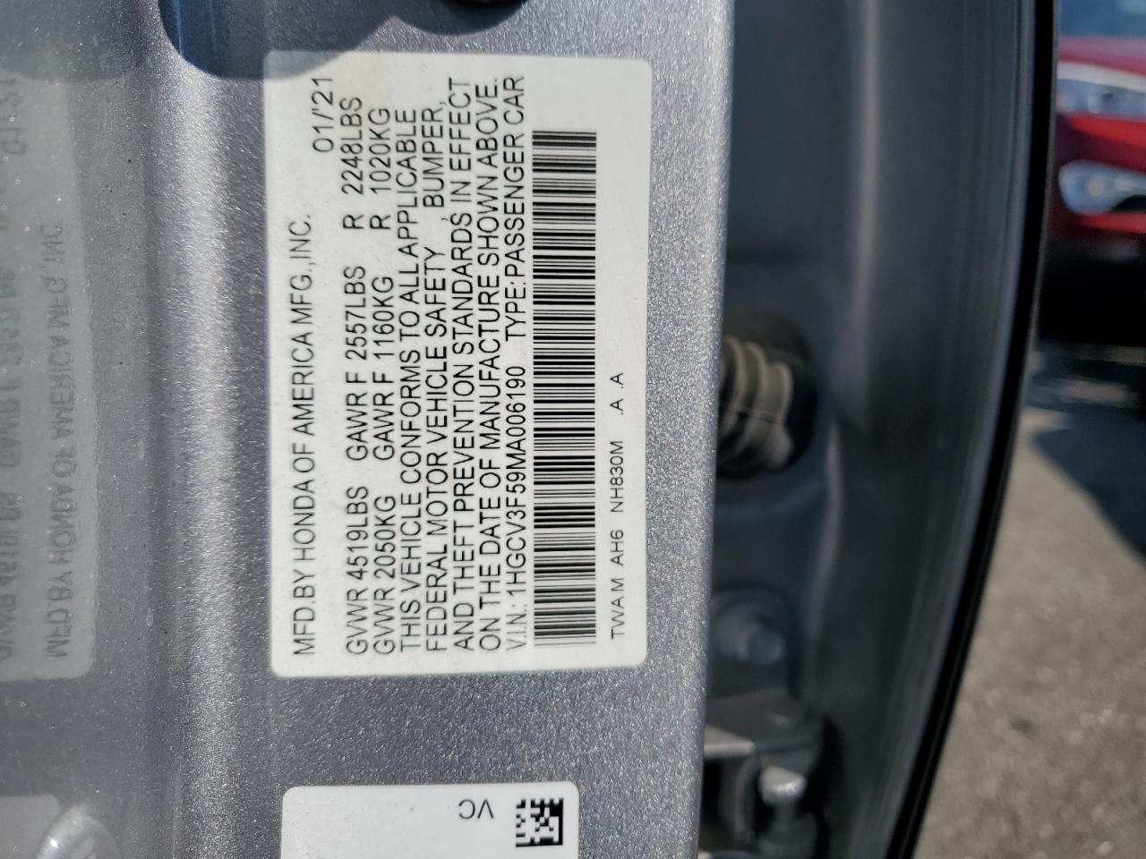 2021 Honda Accord Hybrid Exl VIN: 1HGCV3F59MA006190 Lot: 69540734