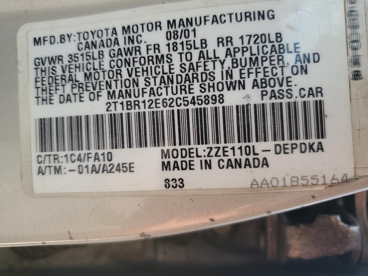 2002 Toyota Corolla Ce VIN: 2T1BR12E62C545898 Lot: 72015194