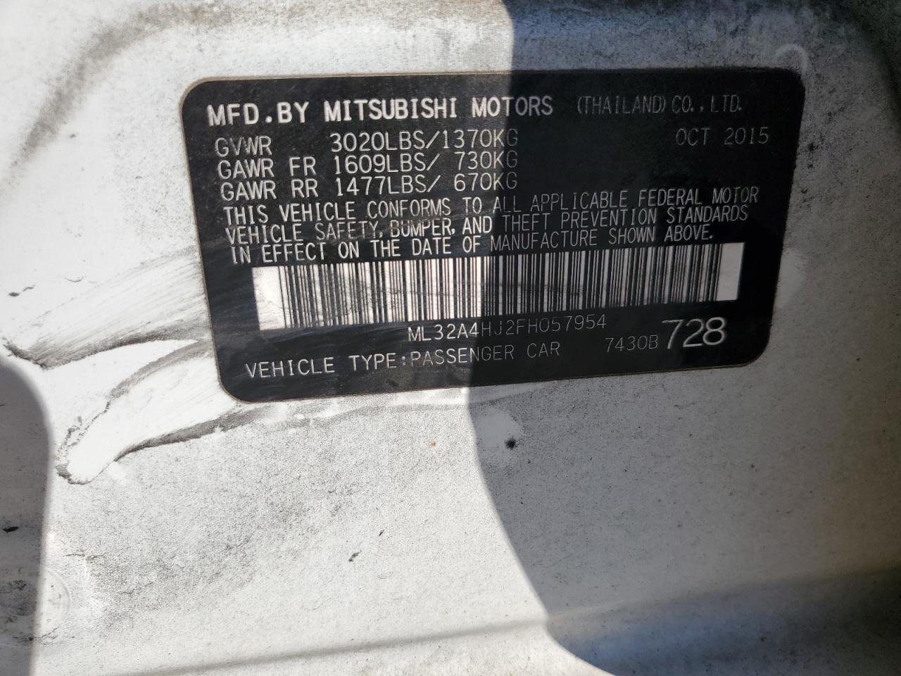 2015 Mitsubishi Mirage Es VIN: ML32A4HJ2FH057954 Lot: 72416464