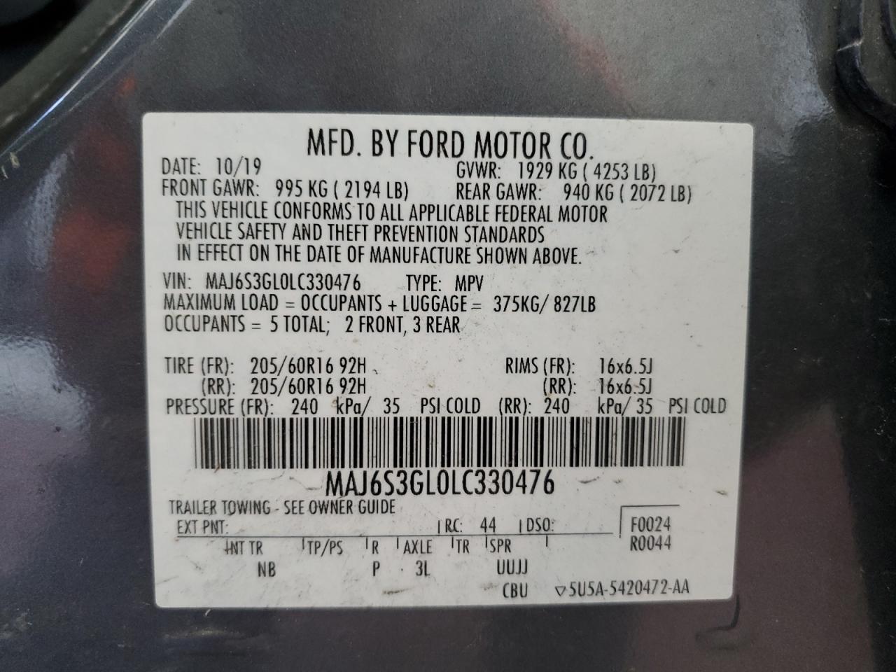 MAJ6S3GL0LC330476 2020 Ford Ecosport Se