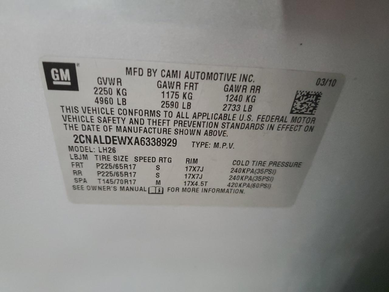 2CNALDEWXA6338929 2010 Chevrolet Equinox Lt