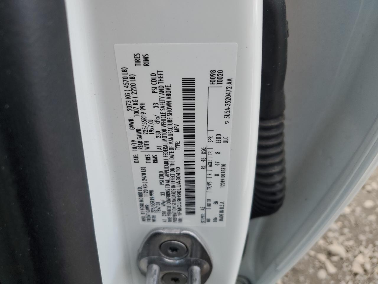 2020 Ford Escape Sel VIN: 1FMCU9H90LUA30410 Lot: 72830584