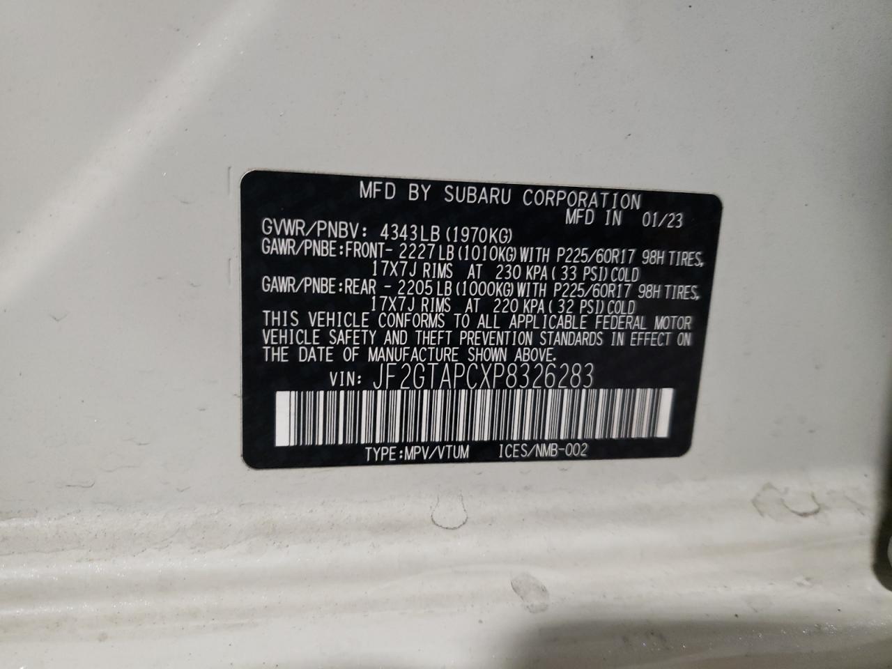 JF2GTAPCXP8326283 2023 Subaru Crosstrek Premium