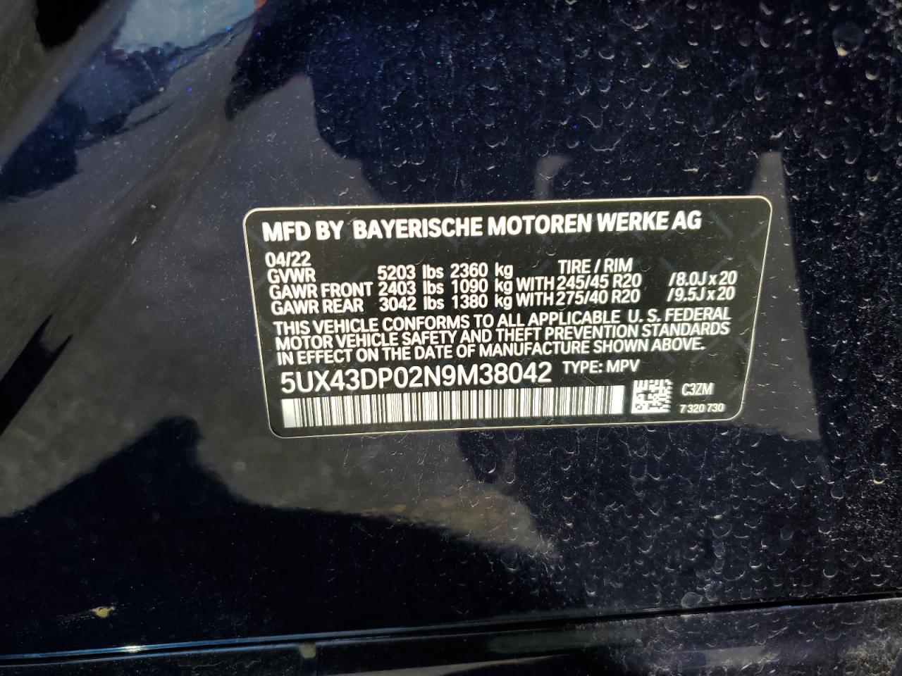 2022 BMW X3 Sdrive30I VIN: 5UX43DP02N9M38042 Lot: 71522294