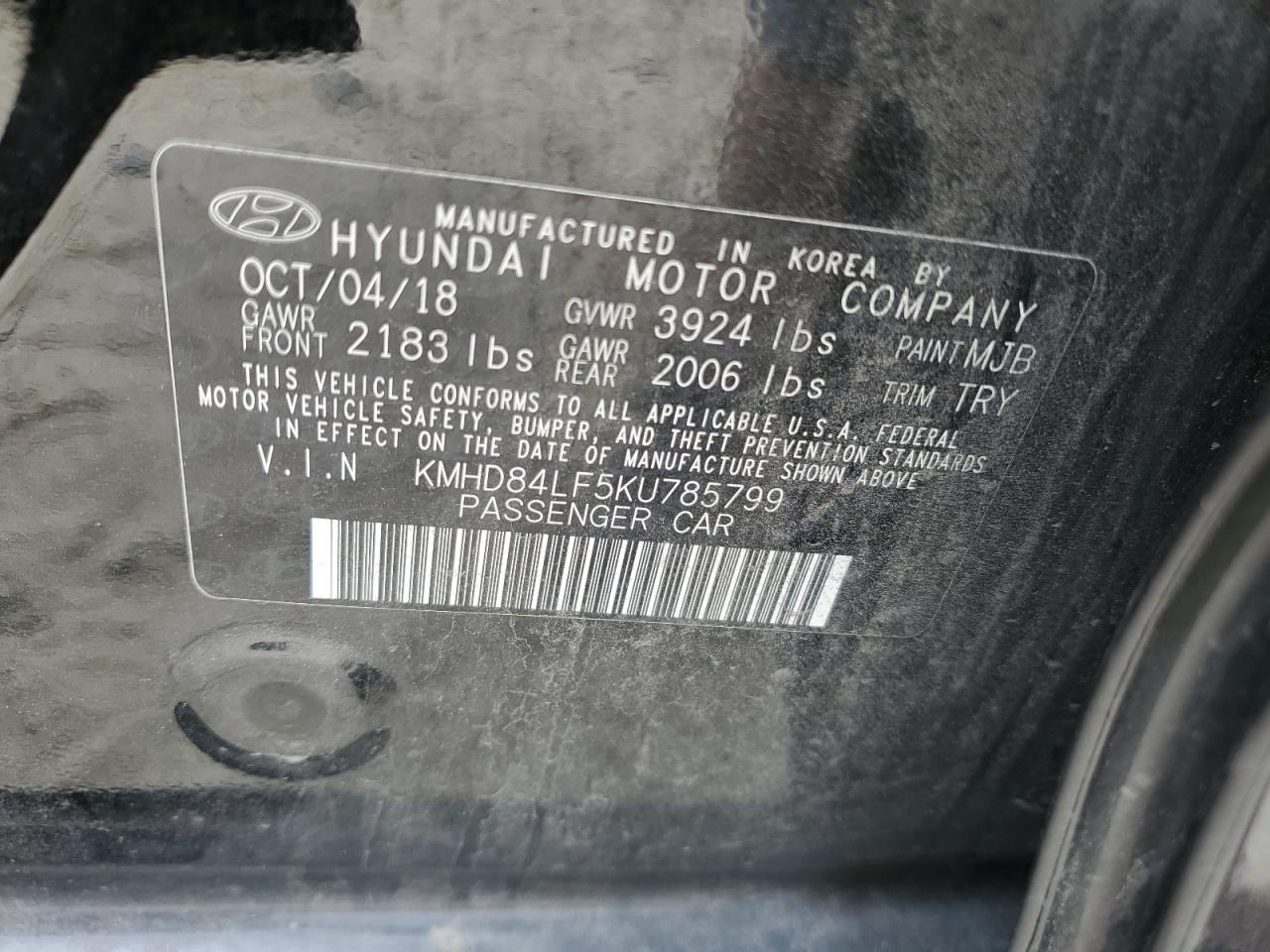 KMHD84LF5KU785799 2019 Hyundai Elantra Sel