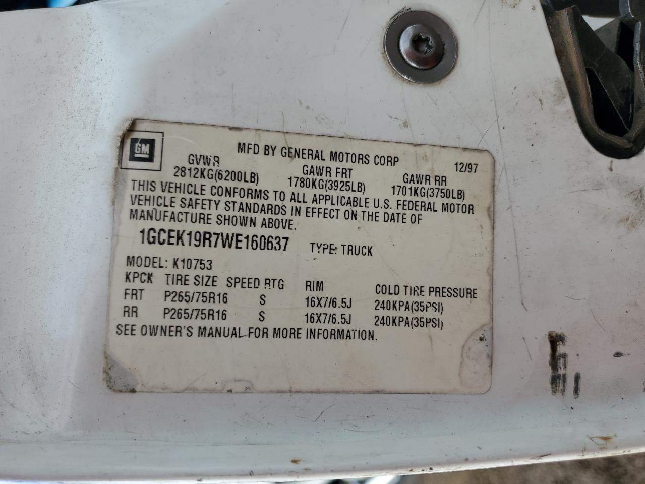 1998 Chevrolet Gmt-400 K1500 VIN: 1GCEK19R7WE160637 Lot: 70769964