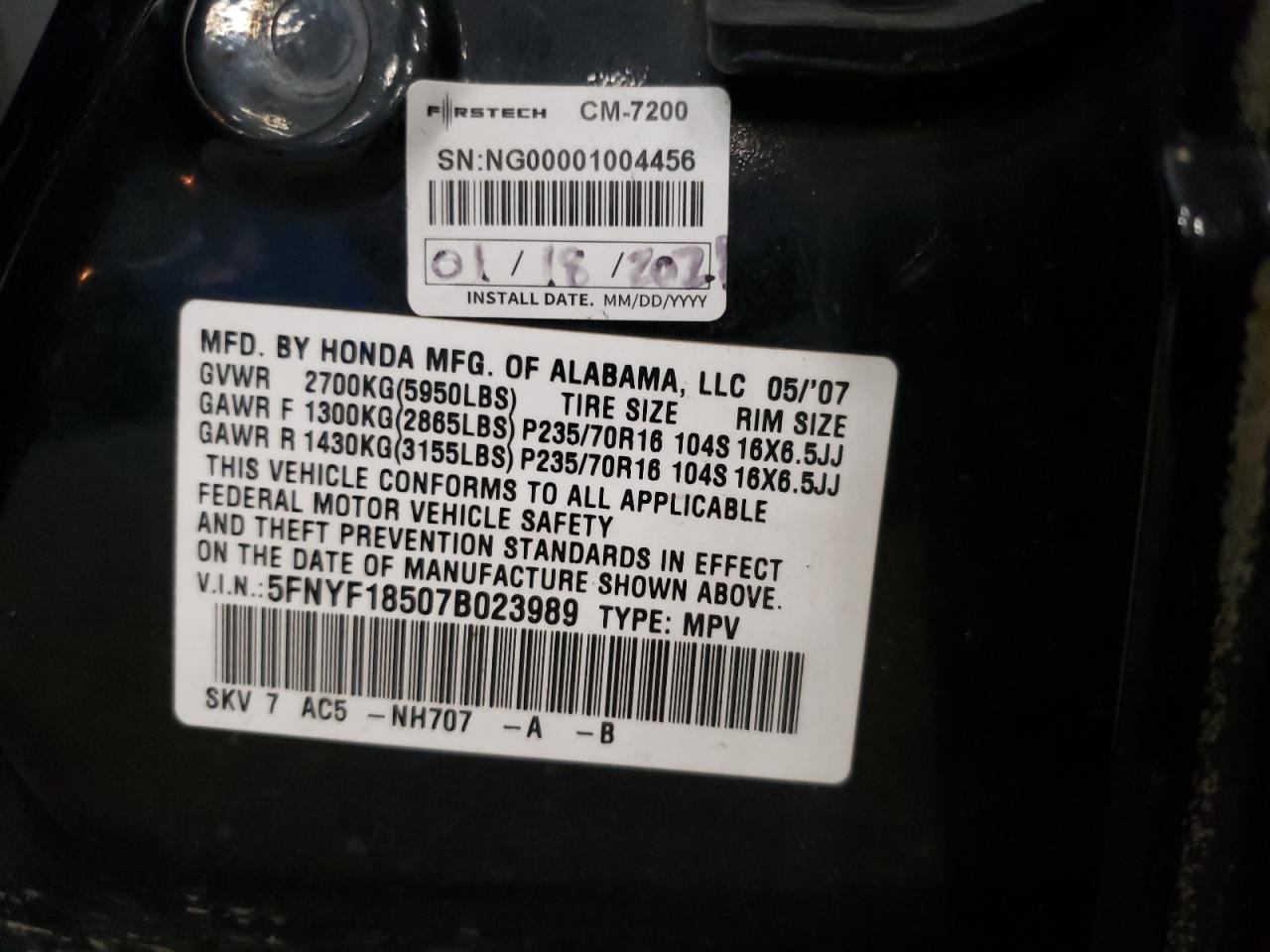 2007 Honda Pilot Exl VIN: 5FNYF18507B023989 Lot: 73348654