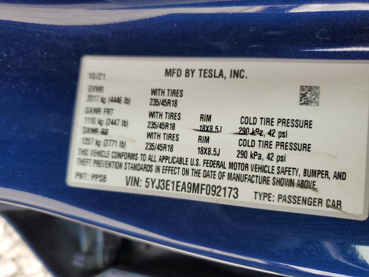 2021 Tesla Model 3 VIN: 5YJ3E1EA9MF092173 Lot: 72151884