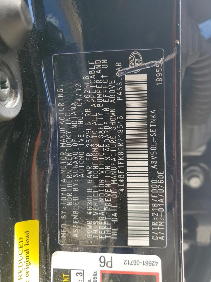 4T4BF1FK8CR218546 2012 Toyota Camry Base