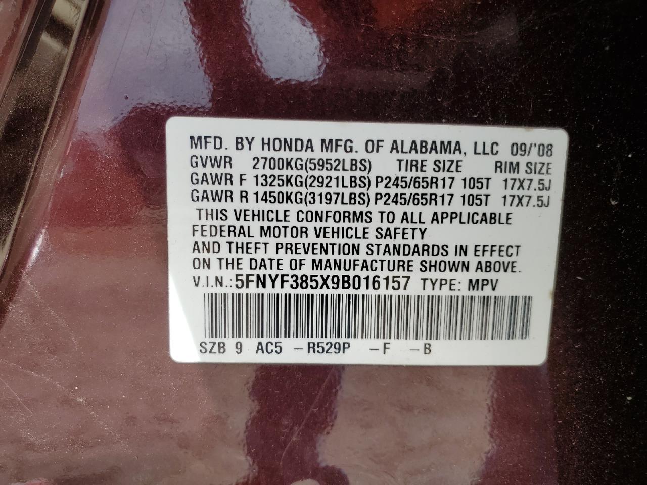 5FNYF385X9B016157 2009 Honda Pilot Exl