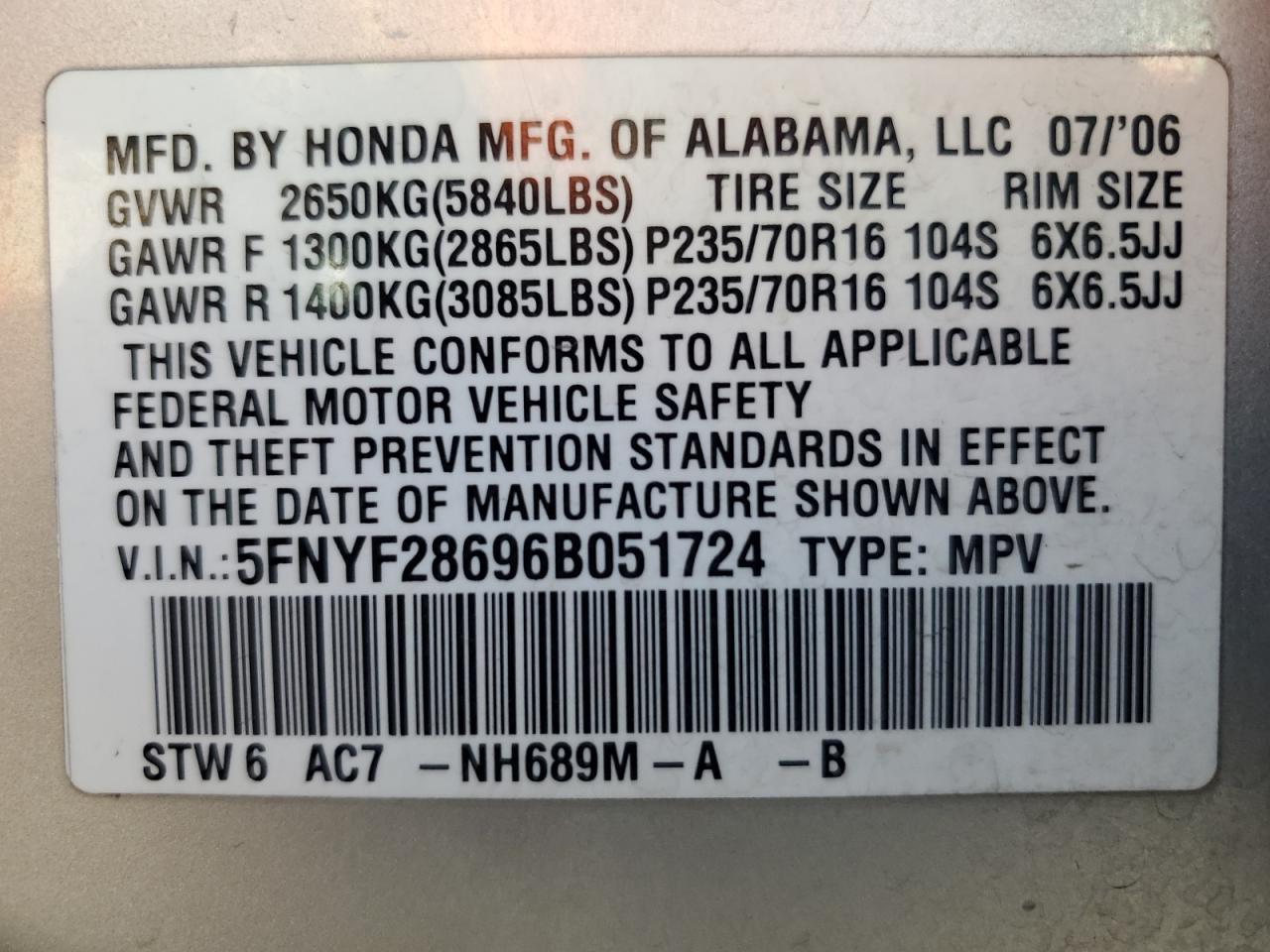 5FNYF28696B051724 2006 Honda Pilot Ex