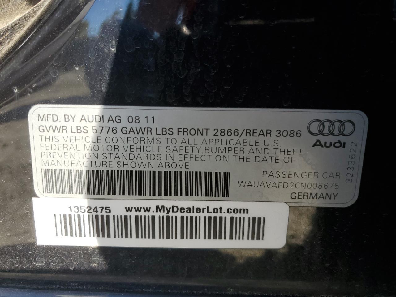 2012 Audi A8 Quattro VIN: WAUAVAFD2CN008675 Lot: 73230554