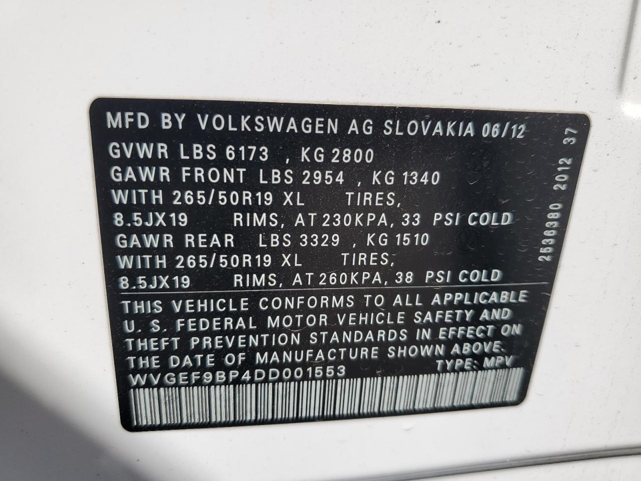 WVGEF9BP4DD001553 2013 Volkswagen Touareg V6