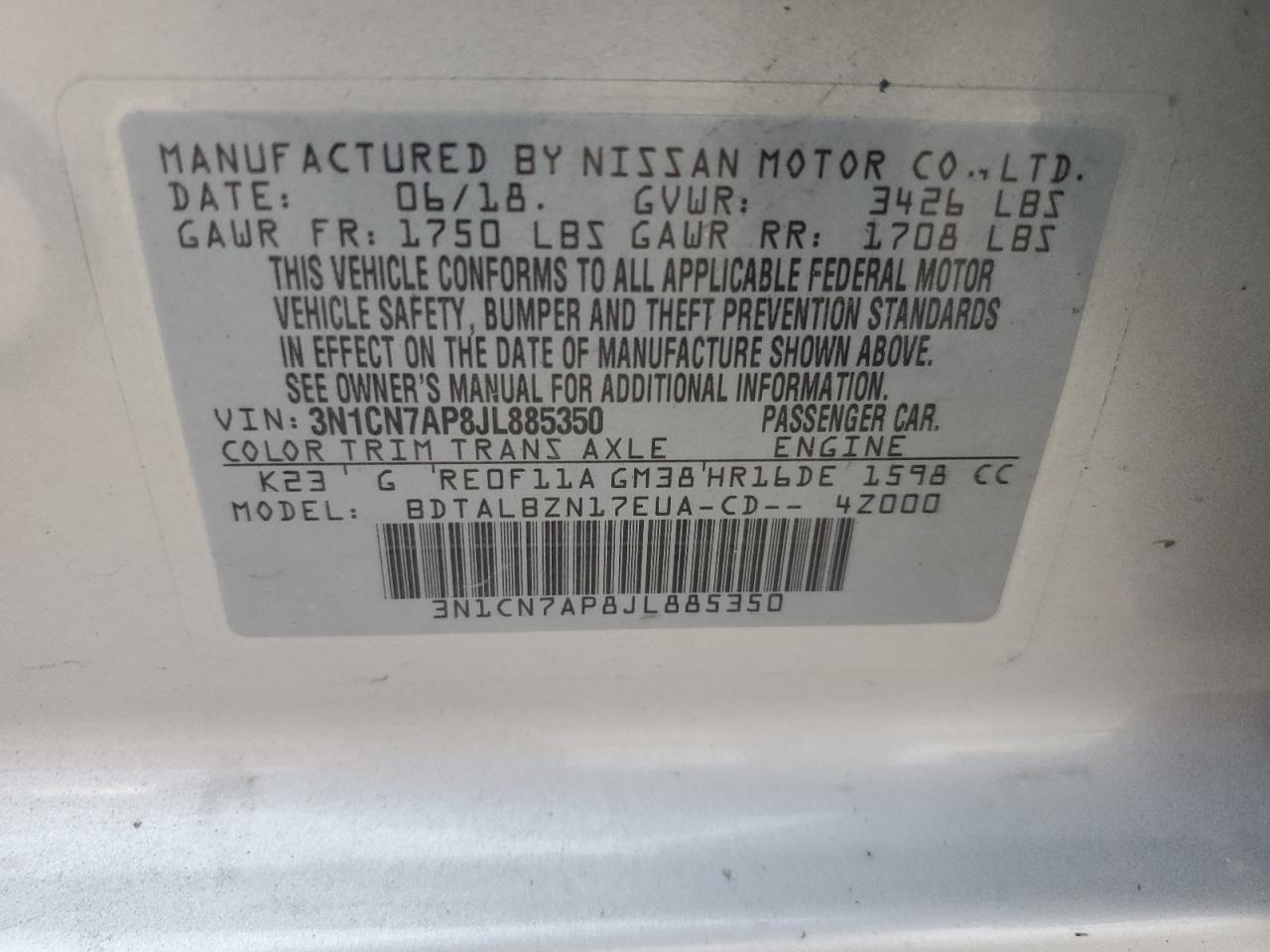 3N1CN7AP8JL885350 2018 Nissan Versa S