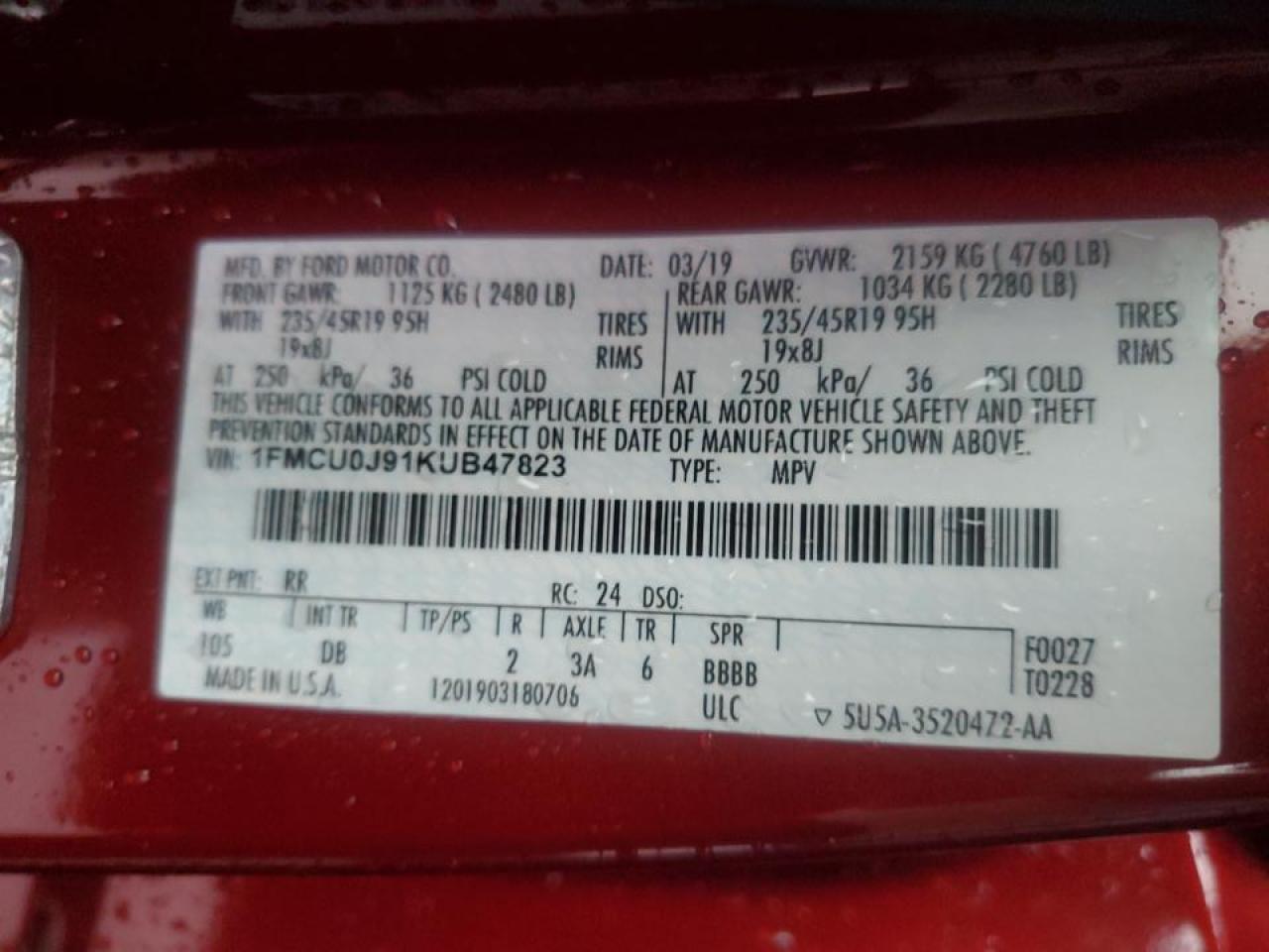 2019 Ford Escape Titanium VIN: 1FMCU0J91KUB47823 Lot: 72635954