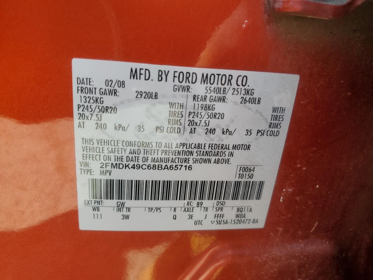 2008 Ford Edge Limited VIN: 2FMDK49C68BA65716 Lot: 70389674