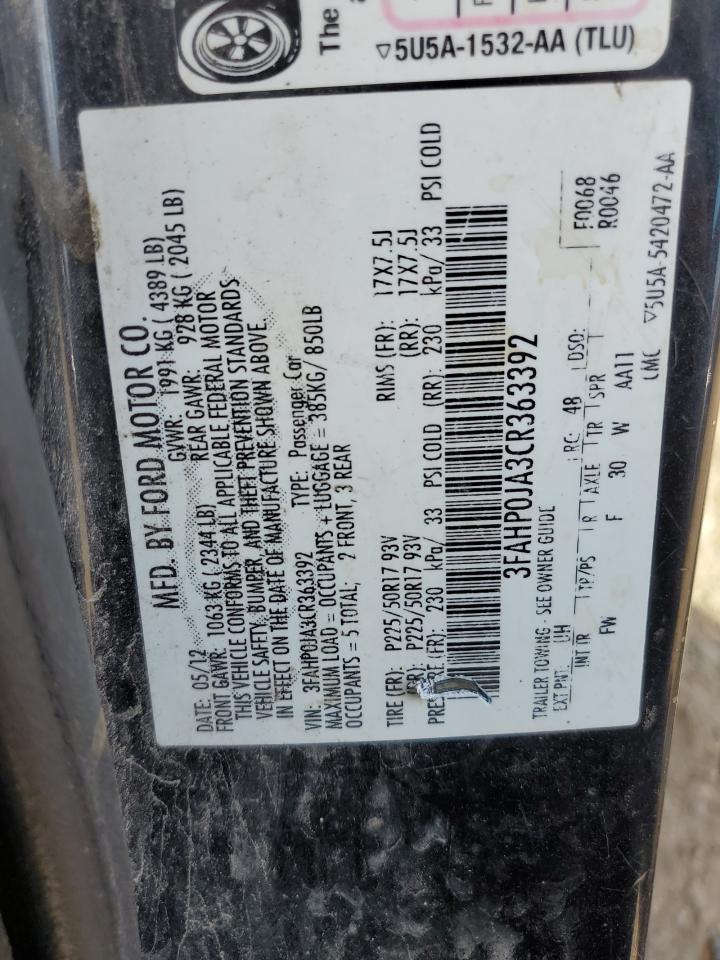 3FAHP0JA3CR363392 2012 Ford Fusion Sel