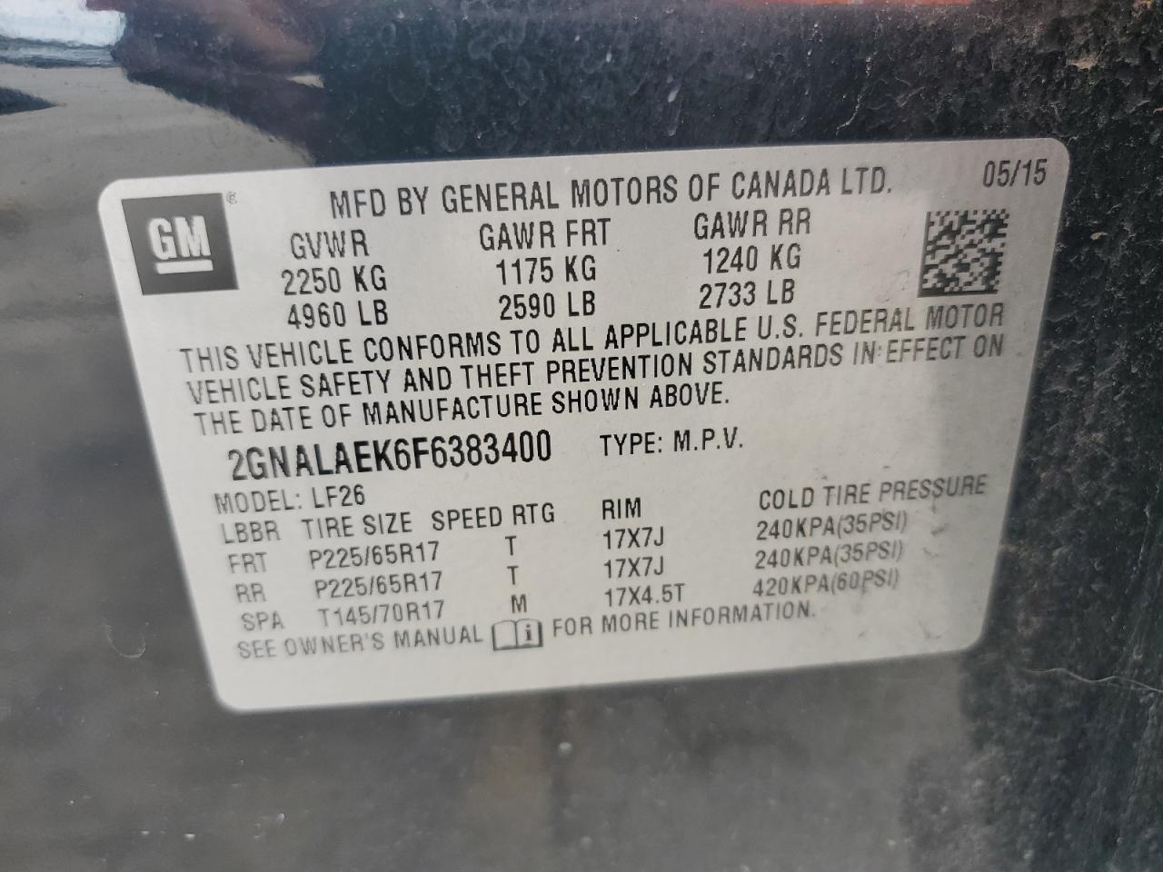 2GNALAEK6F6383400 2015 Chevrolet Equinox Ls