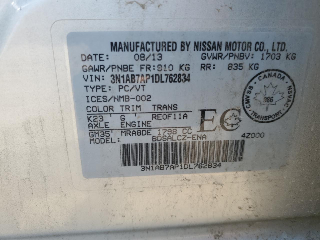 3N1AB7AP1DL762834 2013 Nissan Sentra S