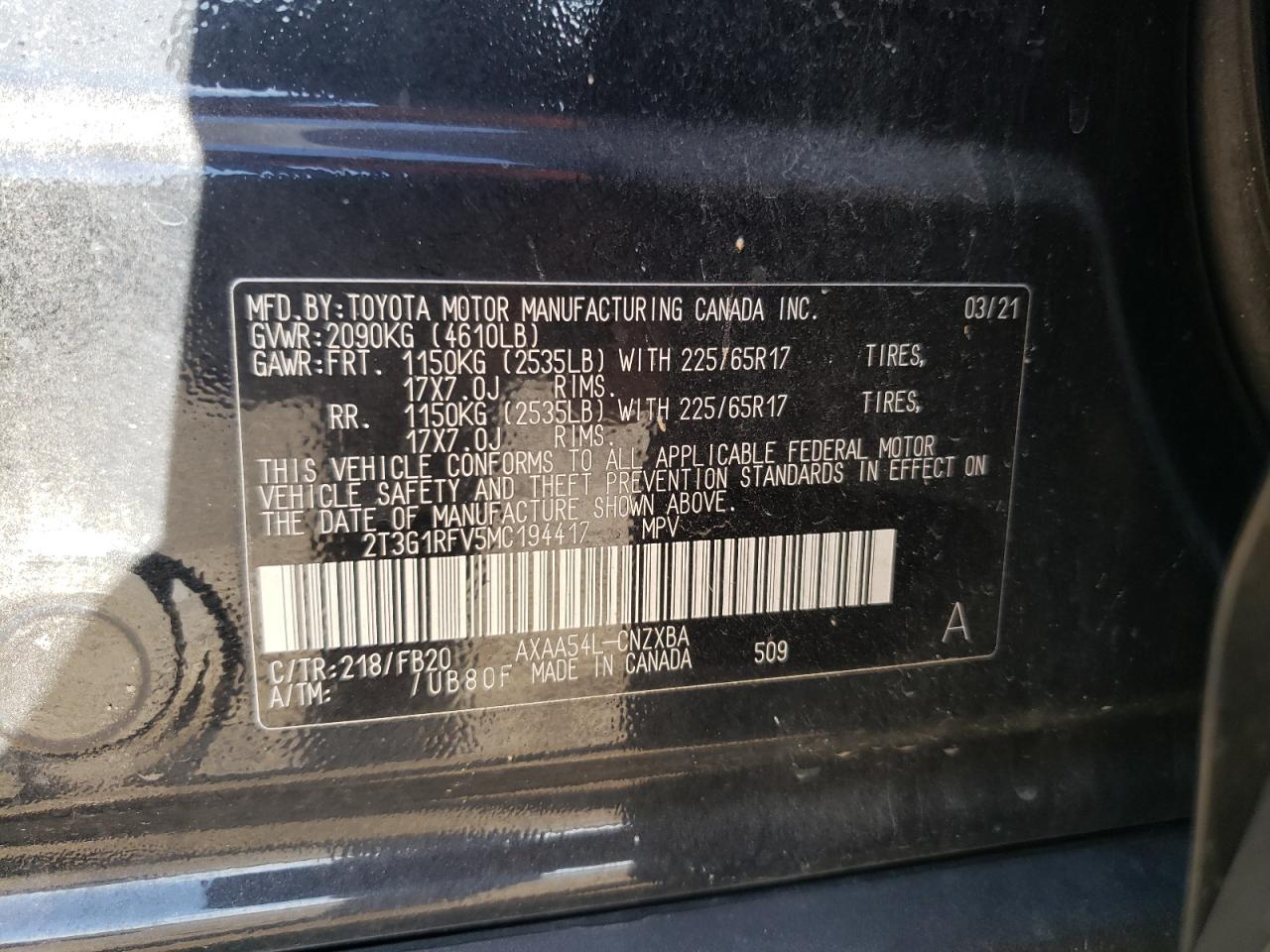 2T3G1RFV5MC194417 2021 Toyota Rav4 Le