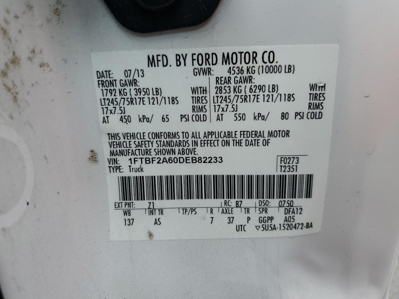 2013 Ford F250 Super Duty VIN: 1FTBF2A60DEB82233 Lot: 71270374