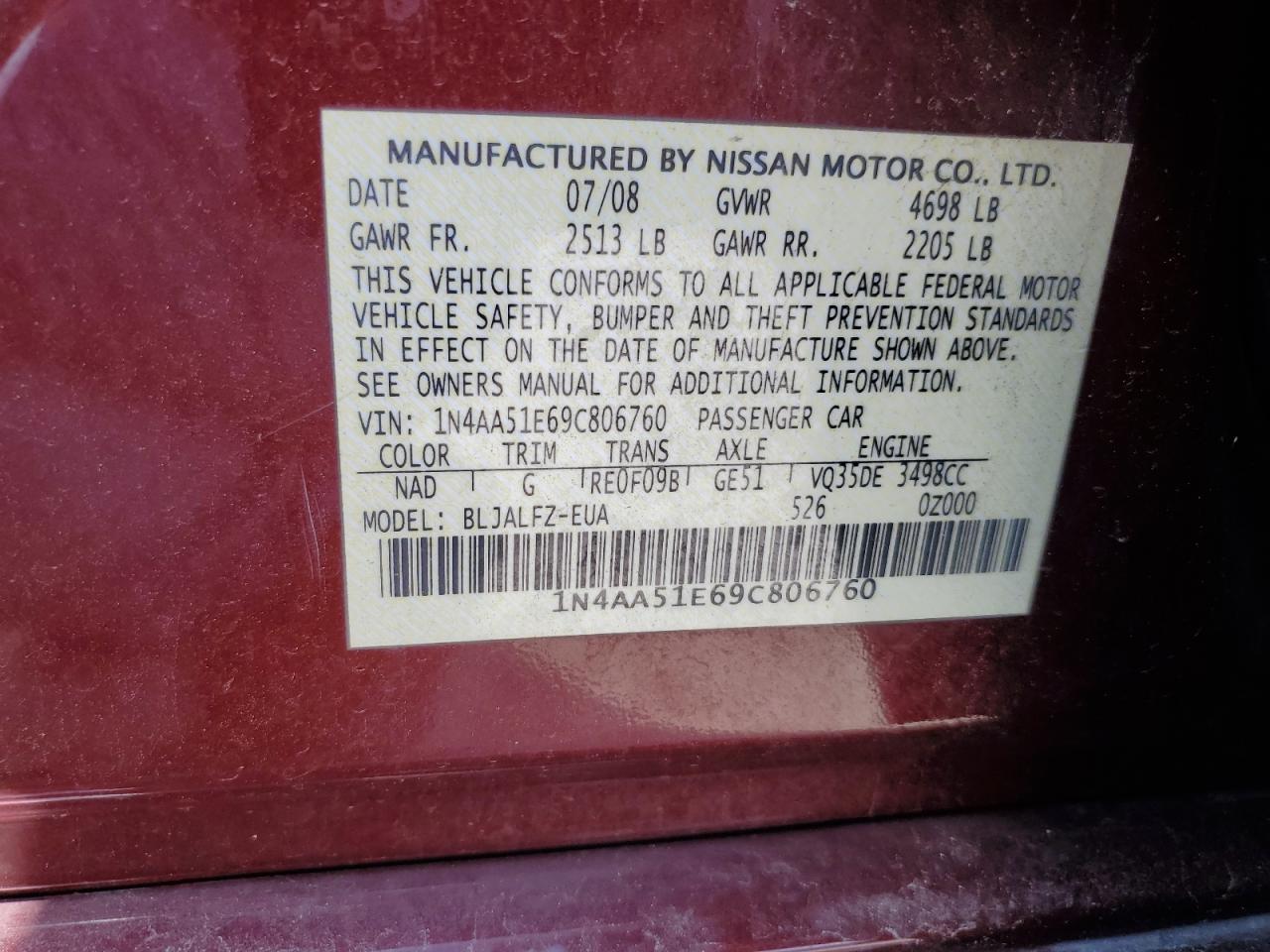 1N4AA51E69C806760 2009 Nissan Maxima S