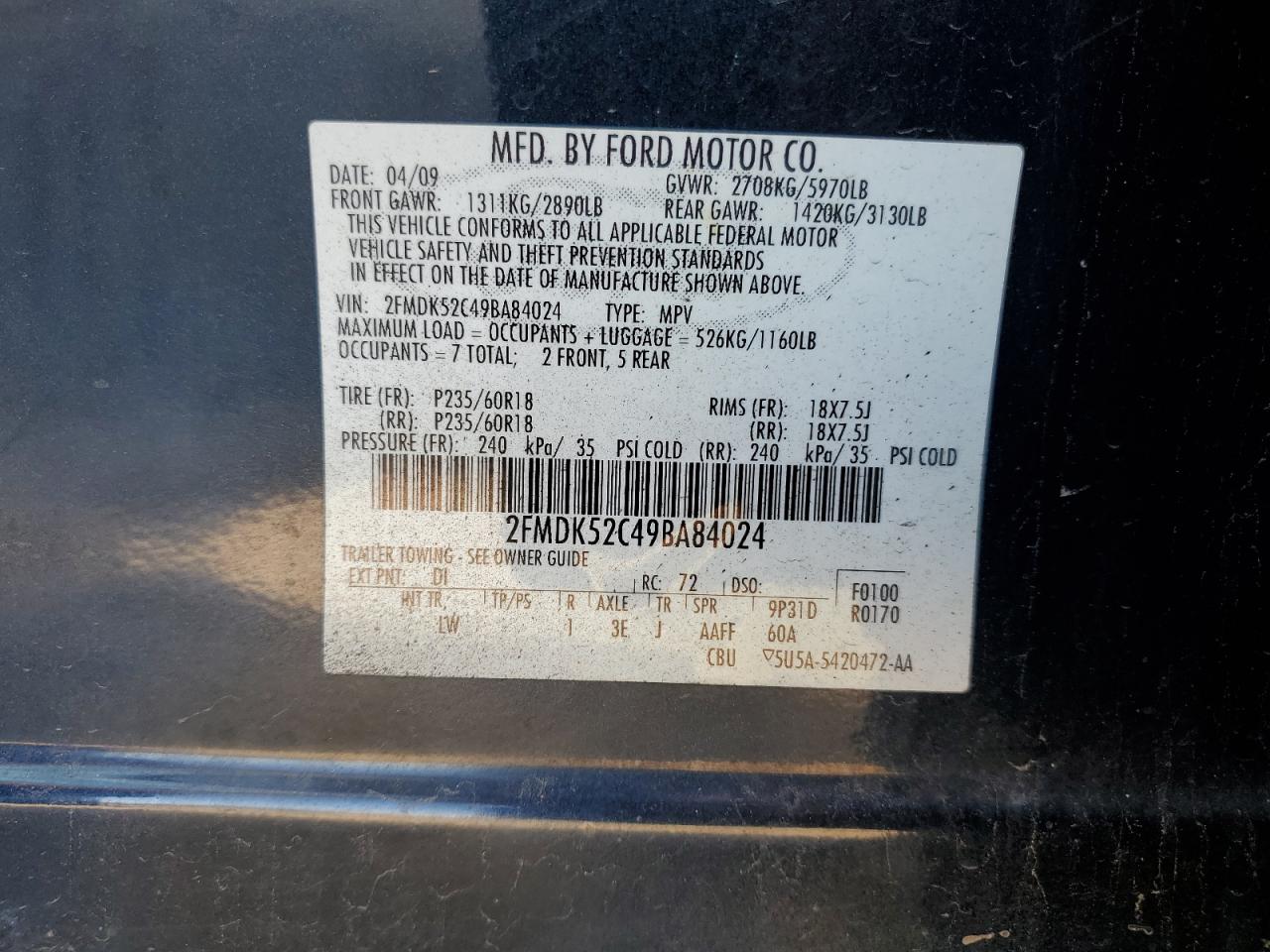 2FMDK52C49BA84024 2009 Ford Flex Sel