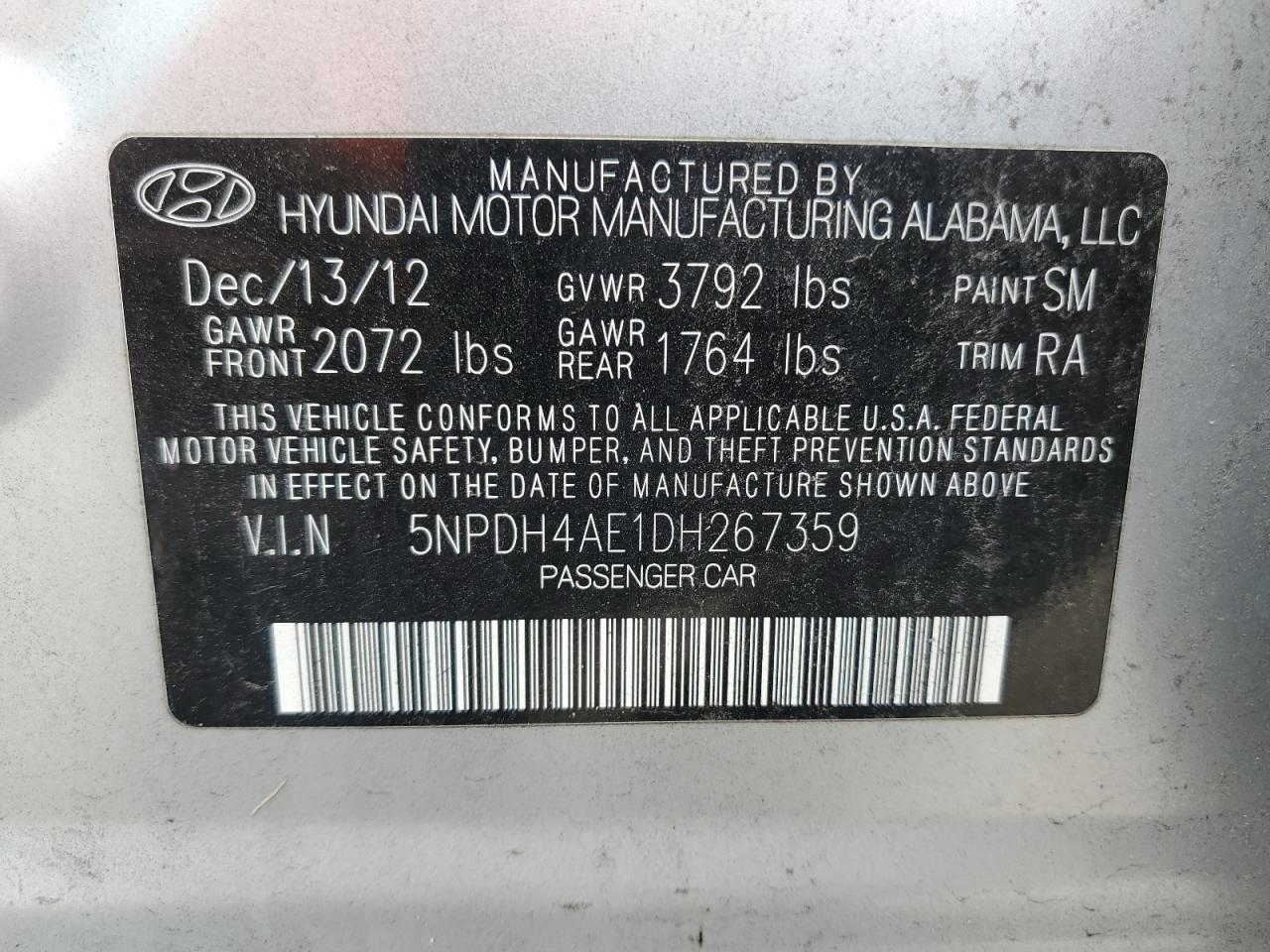 VIN 5NPDH4AE1DH267359 2013 HYUNDAI ELANTRA no.12