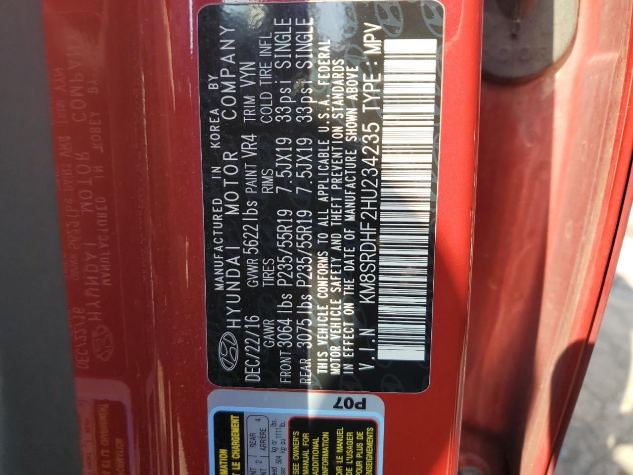 2017 Hyundai Santa Fe Se Ultimate VIN: KM8SRDHF2HU234235 Lot: 70792114