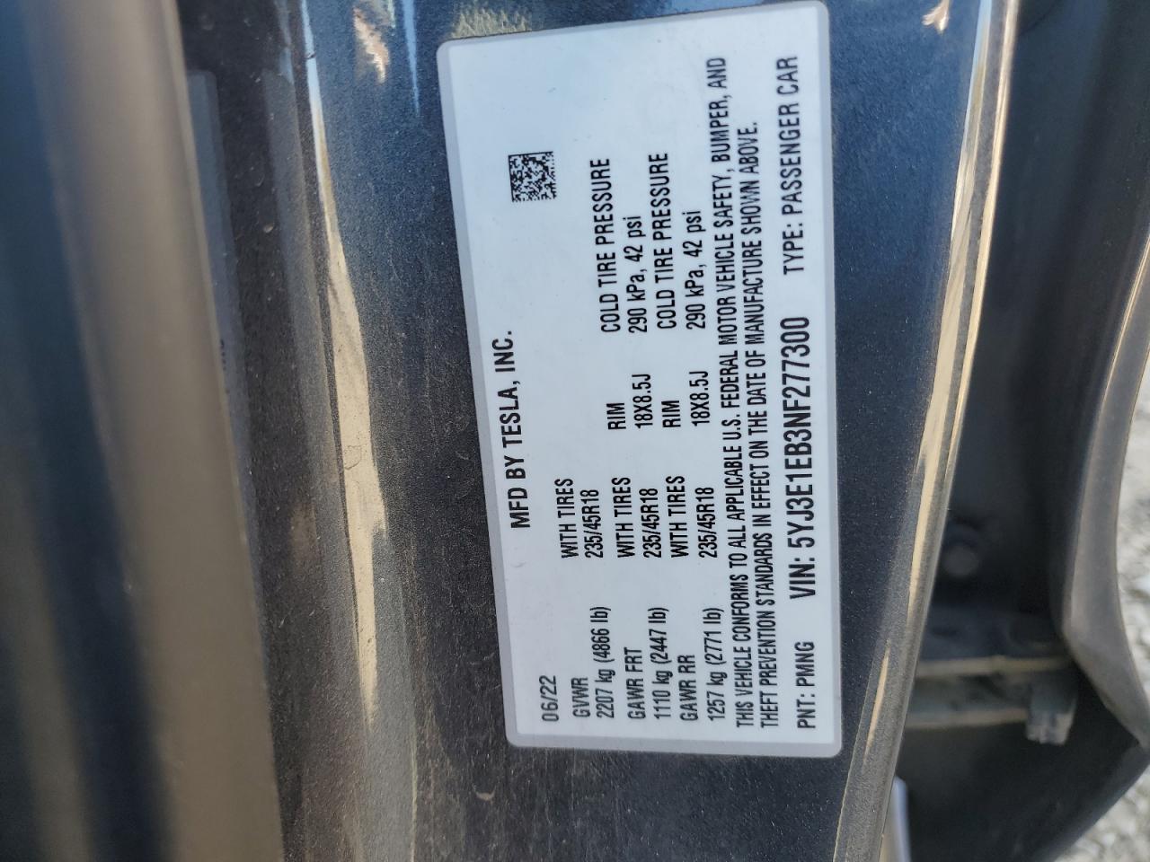 5YJ3E1EB3NF277300 2022 Tesla Model 3